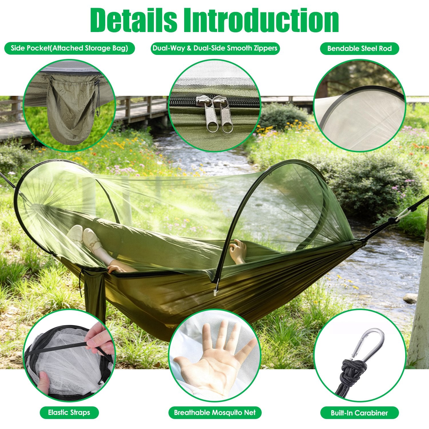 1Pc  Camping Hammock With Mosquito Net Portable Hammock Tent With Built In Mosquito Net Dual Way Zippers 440lbs Capacity Attached Storage Pocket For Outdoor Travel Camping Hiking Backpacking