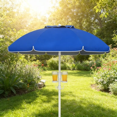 5.7 Beach Umbrella For Travel With Tilt, Adjustable Height, 2 Cup Holders, Hooks, Vent, Ruffles, Sapphire Blue