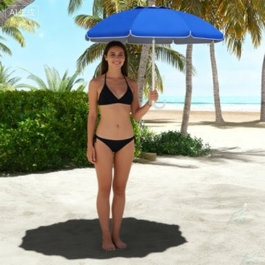 5.7 Beach Umbrella For Travel With Tilt, Adjustable Height, 2 Cup Holders, Hooks, Vent, Ruffles, Sapphire Blue
