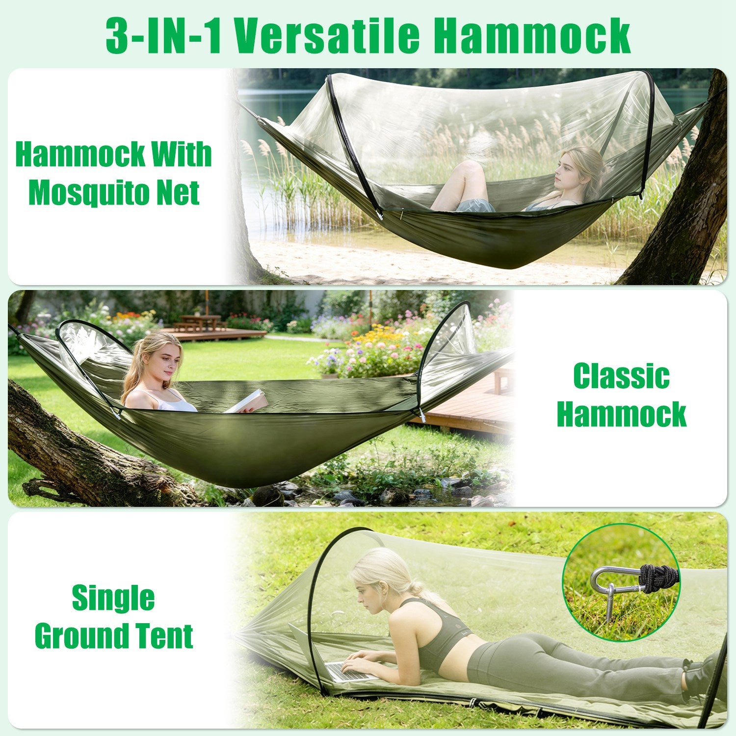 1Pc  Camping Hammock With Mosquito Net Portable Hammock Tent With Built In Mosquito Net Dual Way Zippers 440lbs Capacity Attached Storage Pocket For Outdoor Travel Camping Hiking Backpacking