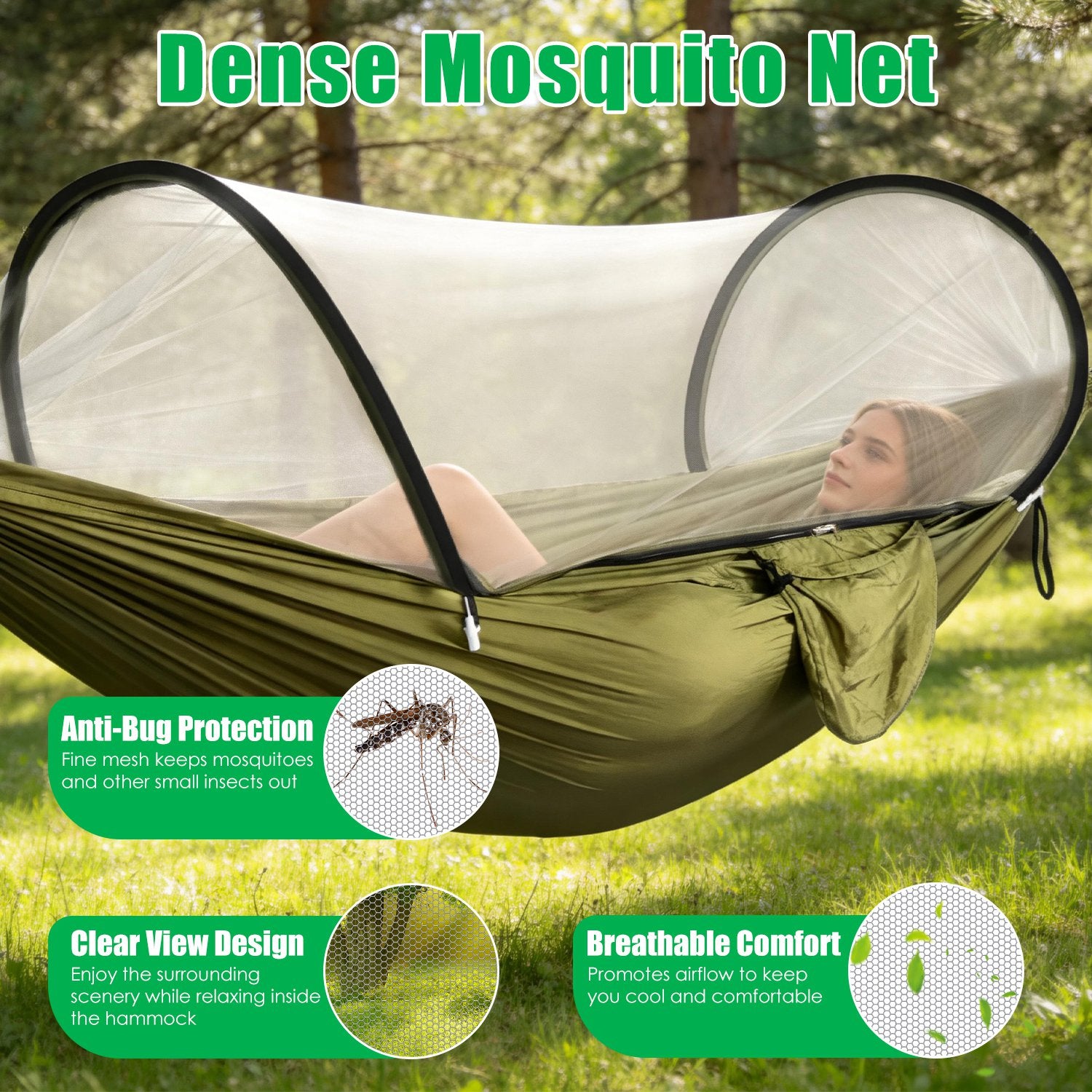 1Pc  Camping Hammock With Mosquito Net Portable Hammock Tent With Built In Mosquito Net Dual Way Zippers 440lbs Capacity Attached Storage Pocket For Outdoor Travel Camping Hiking Backpacking