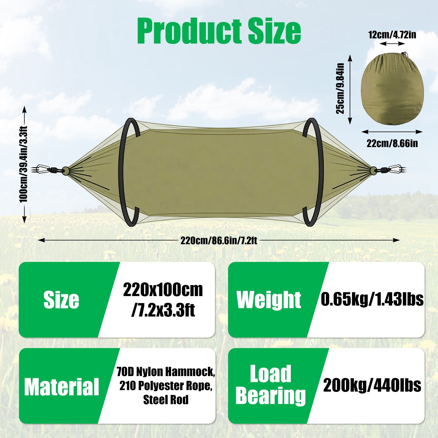 1Pc  Camping Hammock With Mosquito Net Portable Hammock Tent With Built In Mosquito Net Dual Way Zippers 440lbs Capacity Attached Storage Pocket For Outdoor Travel Camping Hiking Backpacking