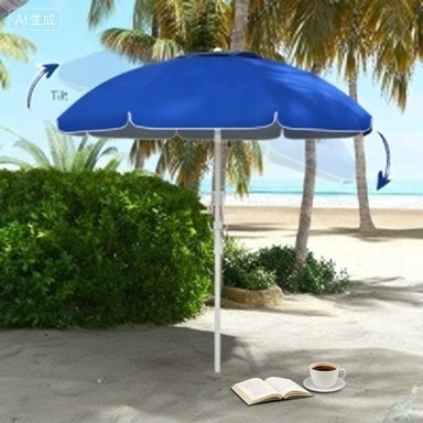 5.7 Beach Umbrella For Travel With Tilt, Adjustable Height, 2 Cup Holders, Hooks, Vent, Ruffles, Sapphire Blue