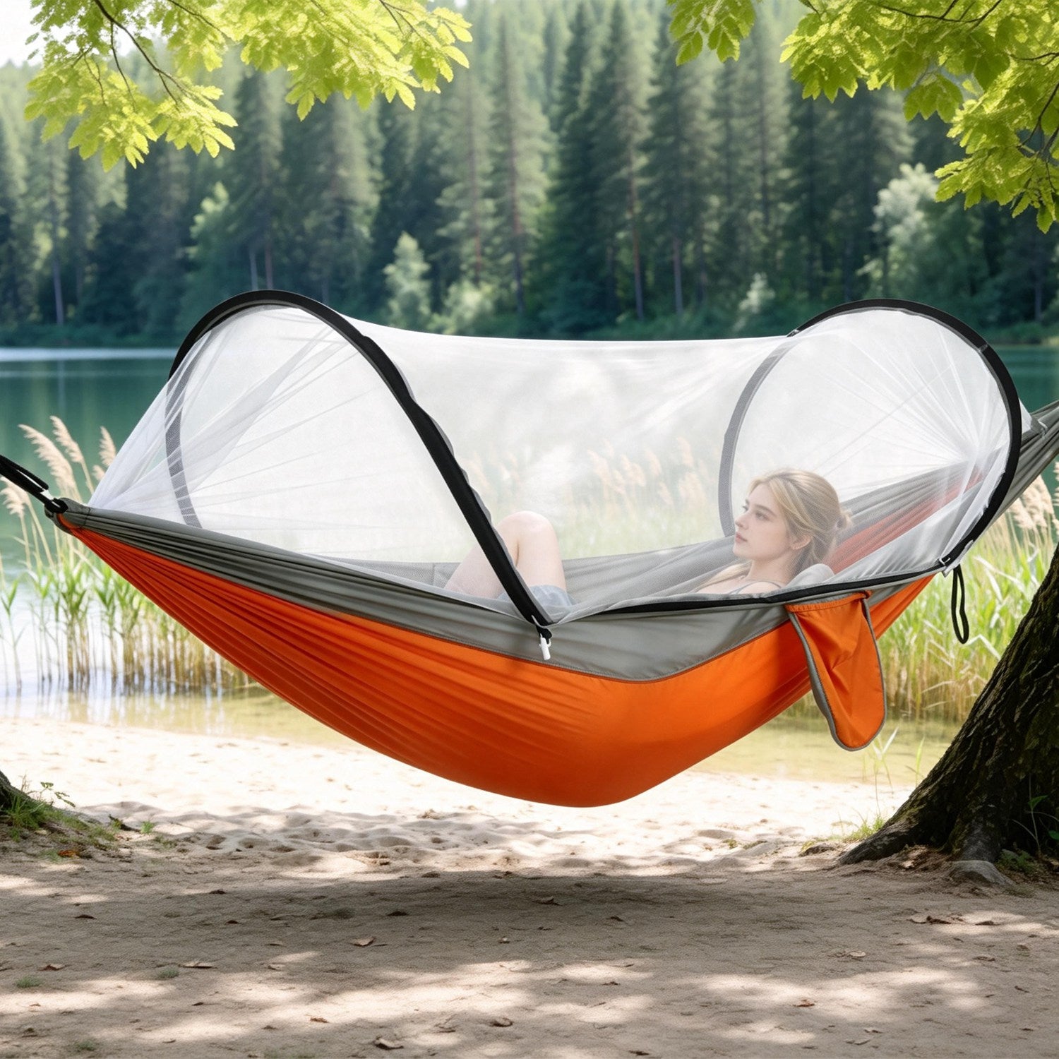 1Pc  Camping Hammock With Mosquito Net Portable Hammock Tent With Built In Mosquito Net Dual Way Zippers 440lbs Capacity Attached Storage Pocket For Outdoor Travel Camping Hiking Backpacking