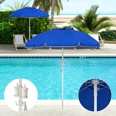 5.7 Beach Umbrella For Travel With Tilt, Adjustable Height, 2 Cup Holders, Hooks, Vent, Ruffles, Sapphire Blue