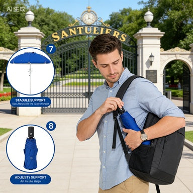 5.7 Beach Umbrella For Travel With Tilt, Adjustable Height, 2 Cup Holders, Hooks, Vent, Ruffles, Sapphire Blue